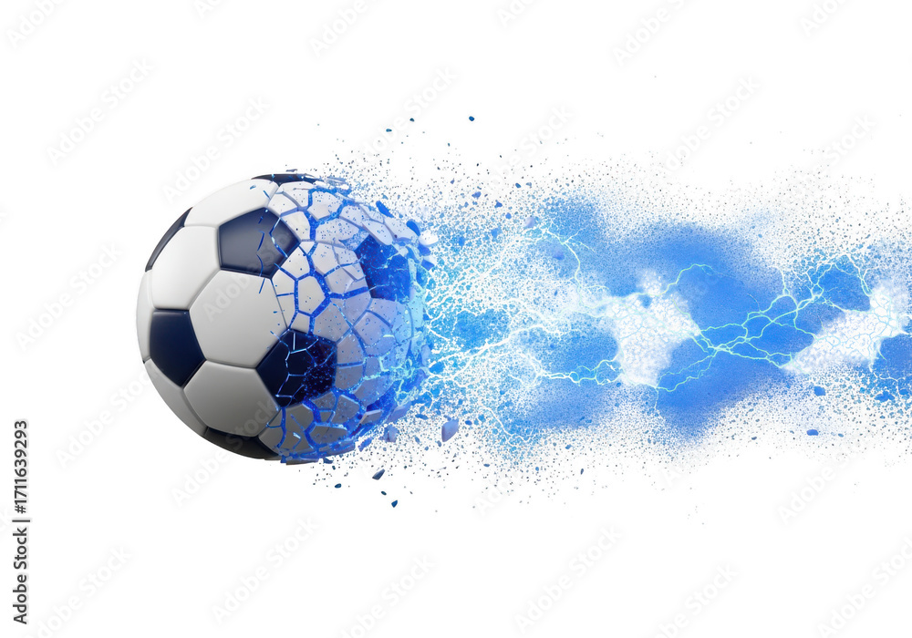 Fototapeta premium Exploding soccer ball with blue smoke trail isolated on transparent background