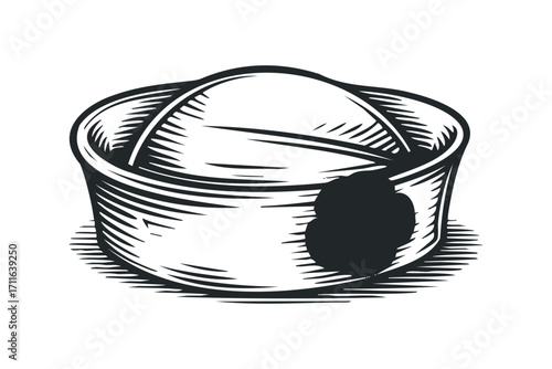 A vintage sailor hat on a white transparent background in a woodcut style. Vector hand drawn illustration