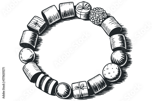Round arrangement of gift boxes and round items. Vector hand drawn illustration