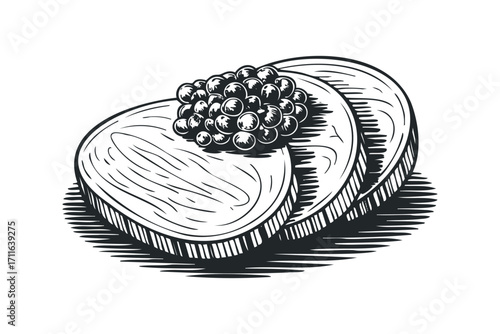 Three Slices of Bread Topped With Caviar. Vector hand drawn illustration