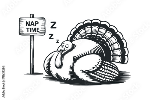 Sleeping turkey with nap time sign on transparent background. Vector hand drawn illustration