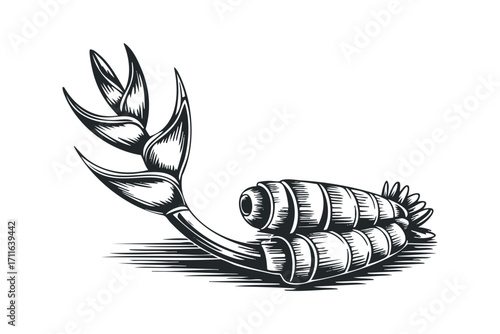 Black and white sketch of a tropical flower on transparent background. Vector hand drawn illustration