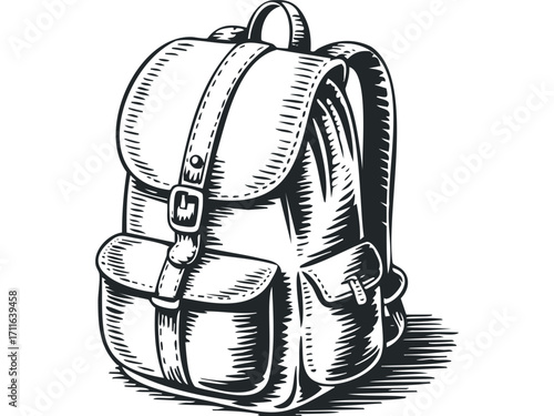 Sketch of a Canvas Backpack with Buckles and Pockets on Transparent Background. Vector hand drawn illustration