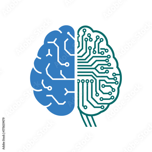 Conceptual illustration of a human brain merging with a digital circuit board representing artificial intelligence and machine learning