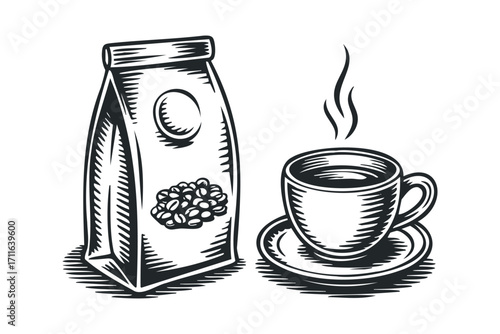 Line art illustration of coffee bag and steaming cup on transparent background. Vector hand drawn illustration