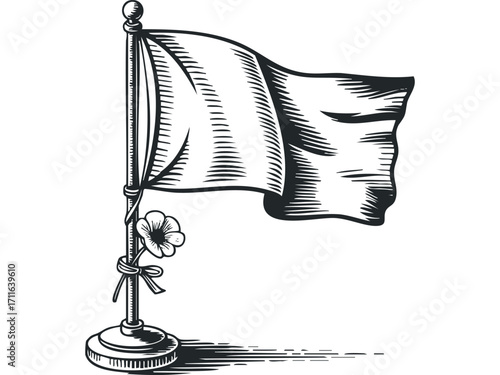 Black and white engraving of a waving flag on a pole with a flower. Vector hand drawn illustration