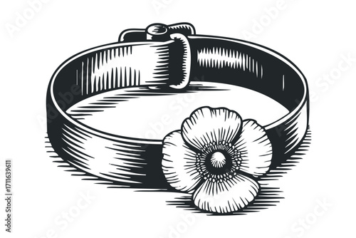Black and white etched flower ring on transparent background. Vector hand drawn illustration