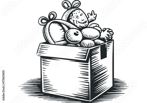 Toy box filled with cute creatures and teddy bears. Vector hand drawn illustration