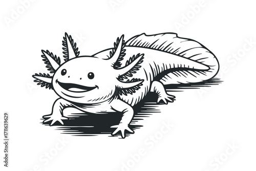 Line drawing of a smiling axolotl on transparent background. Vector hand drawn illustration