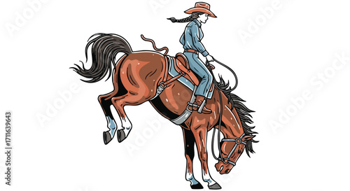 Cowgirl confidently riding a bucking bronco in a rodeo competition, dynamic illustration