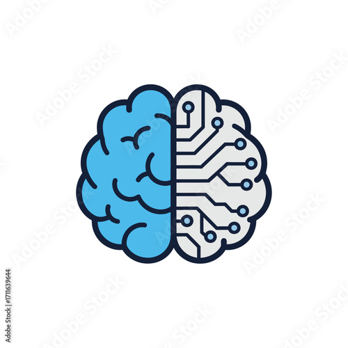 Conceptual illustration of a human brain merging with a digital circuit board representing artificial intelligence and machine learning