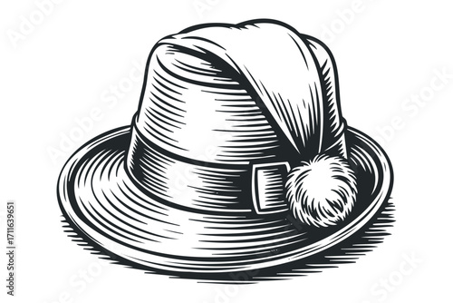 Stylized fedora hat with pompom detail. Vector hand drawn illustration