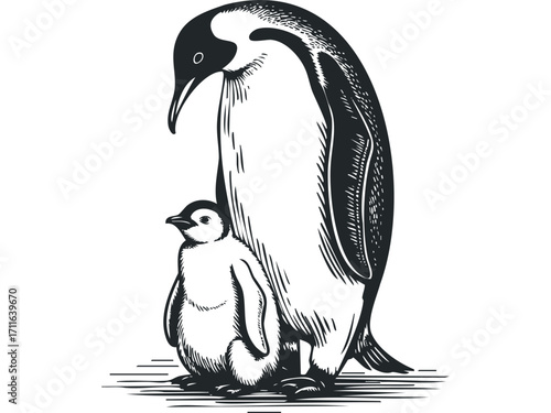 Penguin adult and chick standing together on ice. Vector hand drawn illustration