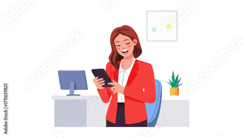 Woman in red blazer using tablet at desk with computer and plant in a bright office setting
