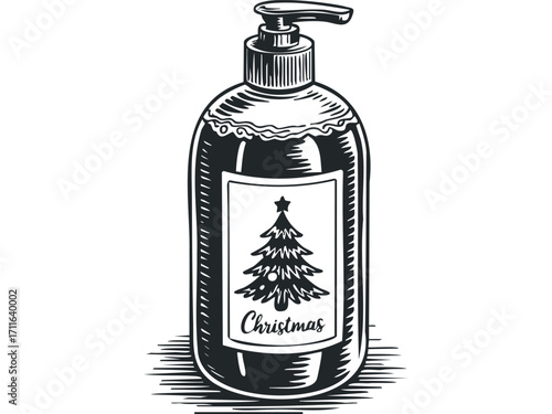 Line drawing of a Christmas soap dispenser bottle with a tree label. Vector hand drawn illustration
