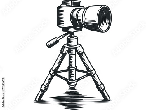 Vintage Camera on Tripod Engraved Style. Vector hand drawn illustration