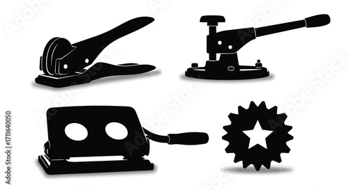 Collection of office punch tools and craft punch shapes isolated on vector