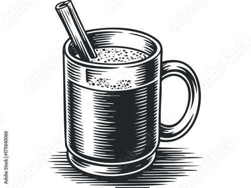 Wooden mug filled with coffee and cinnamon stick. Vector hand drawn illustration