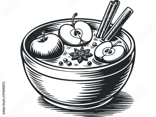 Warm Apple Cider With Cinnamon Sticks and Star Anise,. Vector hand drawn illustration