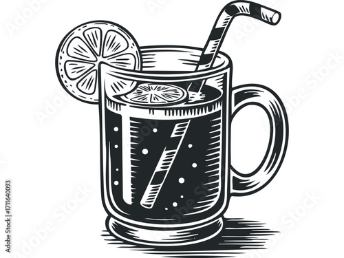 Line art beverage with straw and lemon slice on transparent background. Vector hand drawn illustration