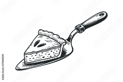 Slice of pie on a serving spatula. Vector hand drawn illustration