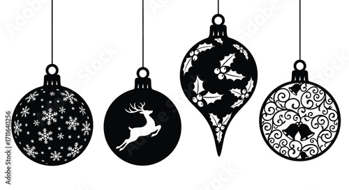 Four decorative christmas ornaments silhouette festive holiday ornaments detailed patterns hanging vector