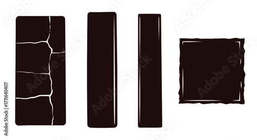 Four dark textured rectangular and square shapes with jagged edges and grunge effects vector