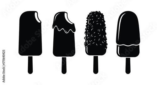 Four black ice cream popsicle treats with different textures and bites on white vector