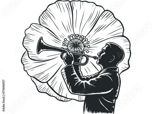 Man plays trumpet against large flower. Vector hand drawn illustration