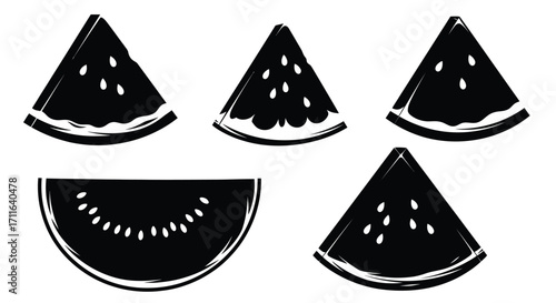 Set of five black silhouette slices of watermelon with seeds artistic sketch style vector