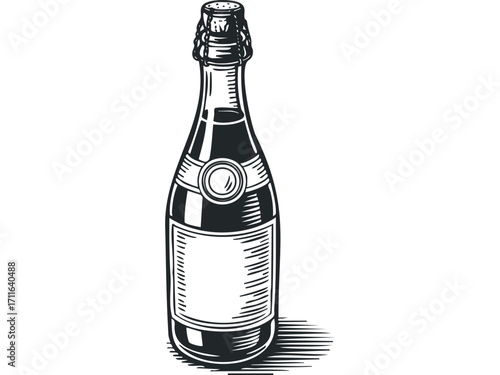 Vintage champagne bottle illustration on transparent background. Vector hand drawn illustration