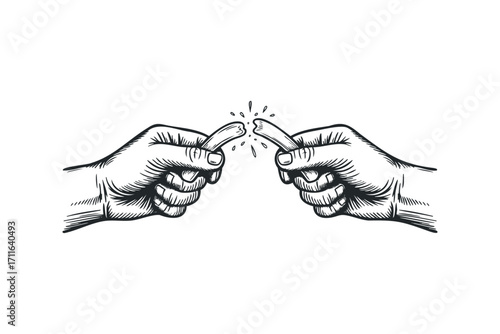 Two hands pulling a broken wishbone on a transparent background. Vector hand drawn illustration