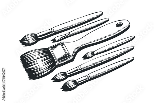 Set of paint brushes in a linear graphic style. Vector hand drawn illustration