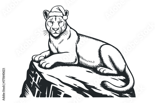 Lioness wearing Santa hat on transparent background. Vector hand drawn illustration