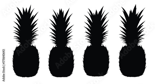 Four identical black silhouettes of pineapples lined up in a row vector