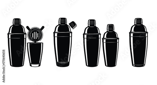 Collection of sleek silhouette cocktail shakers and jigger for bar and mixology scenes vector
