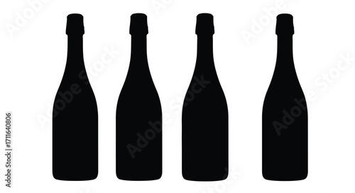 Four black silhouettes of champagne bottles lined up for celebration and toasting vector