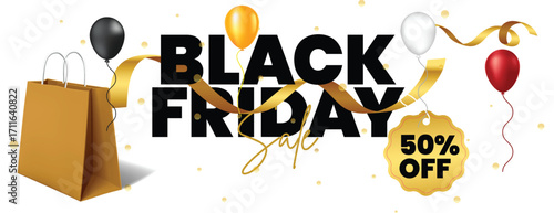 Editable Black Friday mega discount horizontal sale event banner design with retail product offers, web ads, ribbon, confetti, balloons background, and modern Black Friday social media header cover