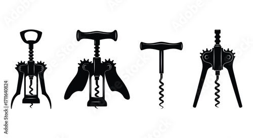Set of four distinct corkscrew silhouettes tools for wine bottle opening and bar accessories vector