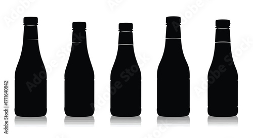 Collection of five dark glass bottles with reflective bases for sauces or beverages vector