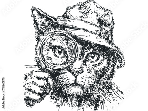 Hand drawn sketch of a curious cat wearing a fedora hat and looking through a magnifying glass. Vector hand drawn illustration