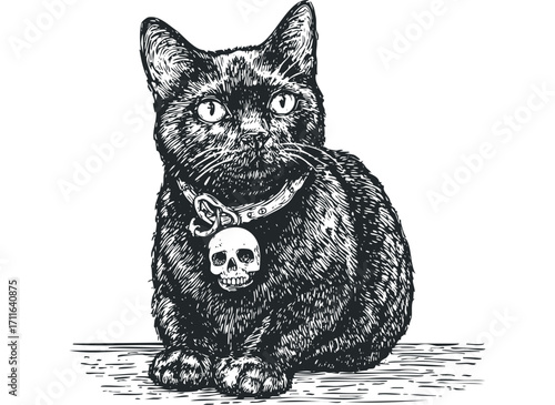 Black cat with skull pendant on collar. Vector hand drawn illustration