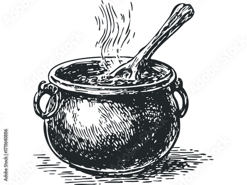 Sketch of a steaming cauldron with a wooden spoon on a transparent background. Vector hand drawn illustration