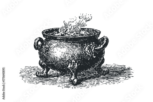 Vintage cauldron with bubbling contents on transparent background. Vector hand drawn illustration