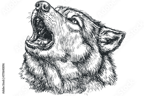 Ink sketch of wolf head howling on transparent background. Vector hand drawn illustration