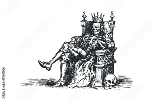 Skeleton King Sitting On Ornate Throne With Crown. Vector hand drawn illustration