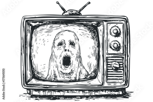 Scary ghost face emerging from vintage television screen. Vector hand drawn illustration