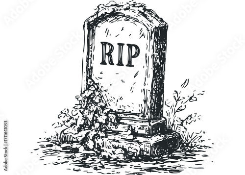 Sepia Tone Sketch of a Gravestone with RIP Engraving and Overgrown Vegetation. Vector hand drawn illustration