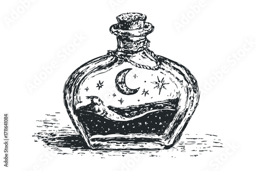 Vintage glass bottle containing a celestial scene with moon and stars. Vector hand drawn illustration