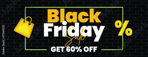 Black Friday Horizontal Web Banner Template with Sale Event Deals, Discount Offers, Retail Promotions, Product Sale Advertisements, Social Media Marketing Ads, and black color Background Design
